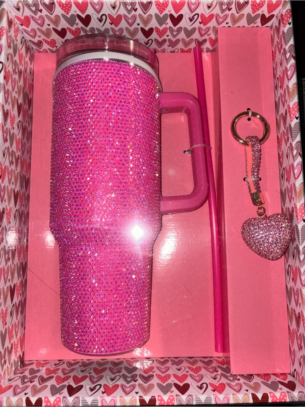 Sparkling Hot Pink Rhinestone Travel Tumbler with Heart Keychain - Picture 3 of 4